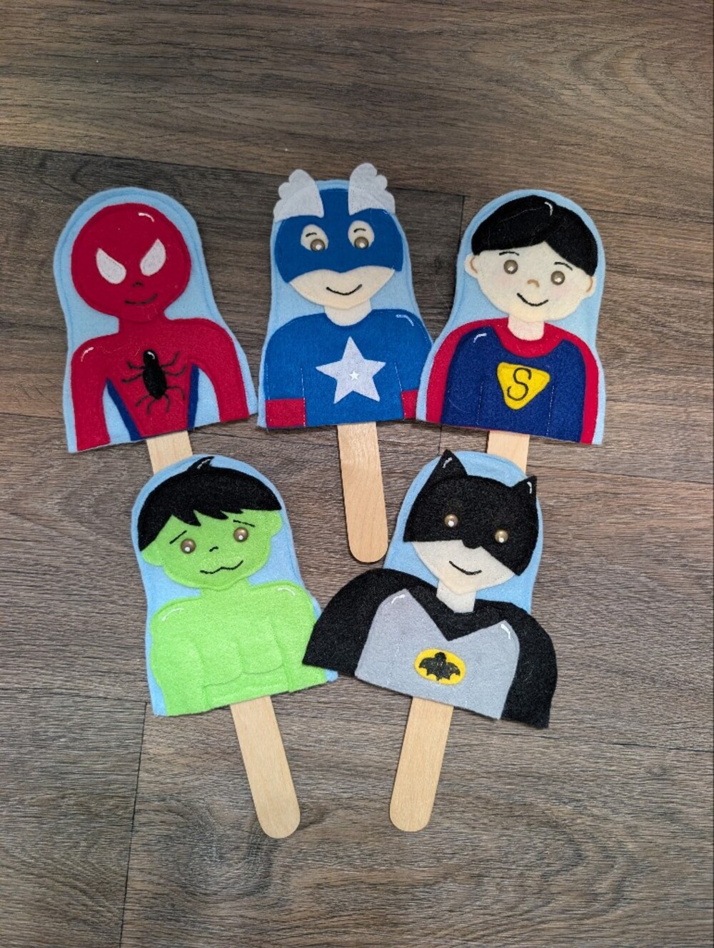 Superhero Felt Stick Puppets Spiderman, Hulk, Batman, Captain America, Superman